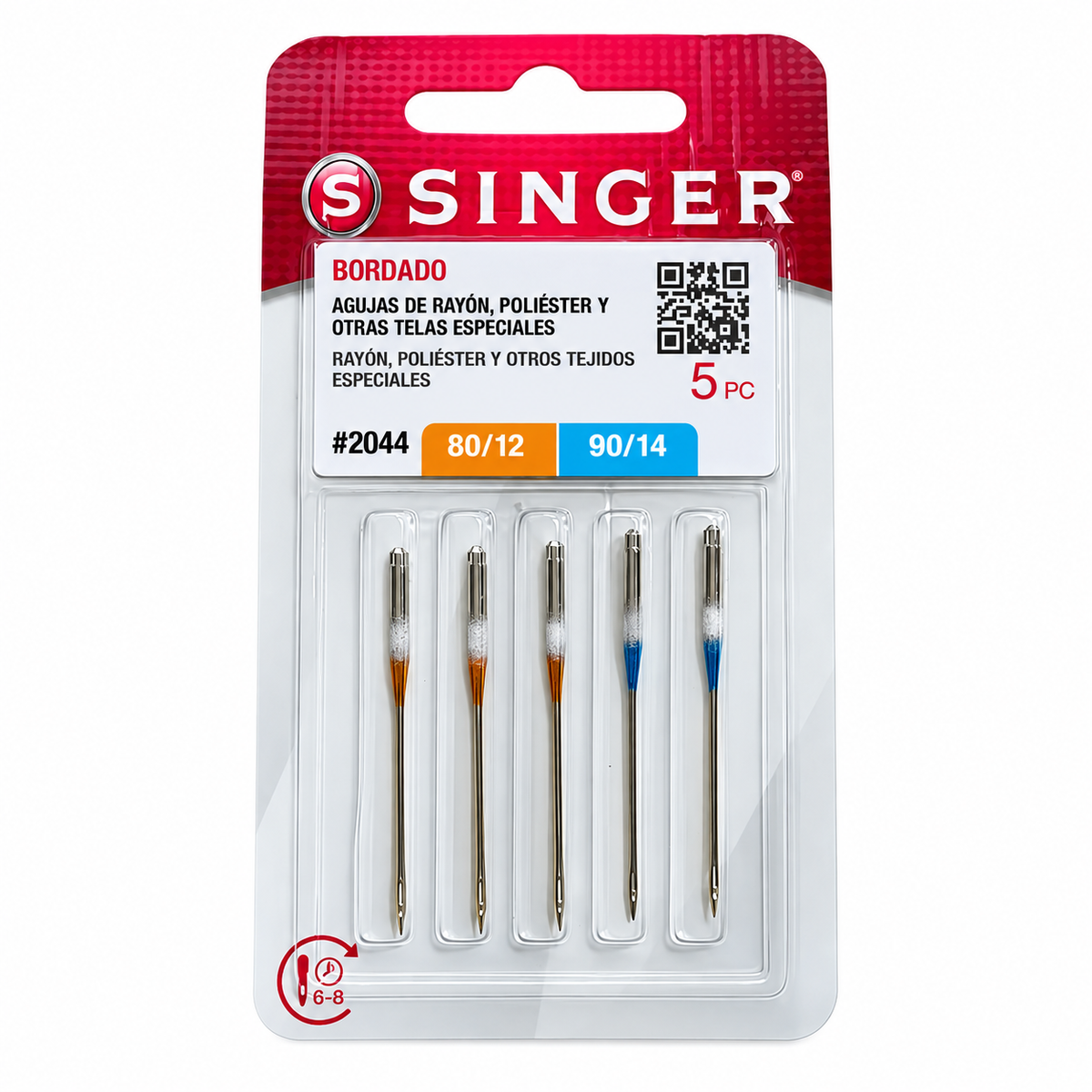 5 agujas Singer Bordado 2044, calibres 80/12 y 90/14; vista frontal