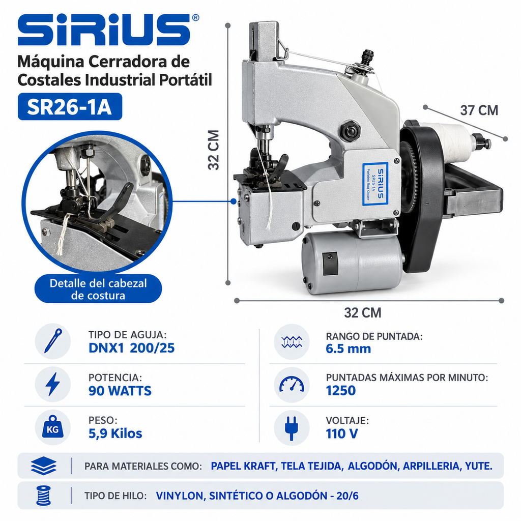 Cerradora de Costales Portátil SIRIUS SR26-1A | Máquinas de Coser MX