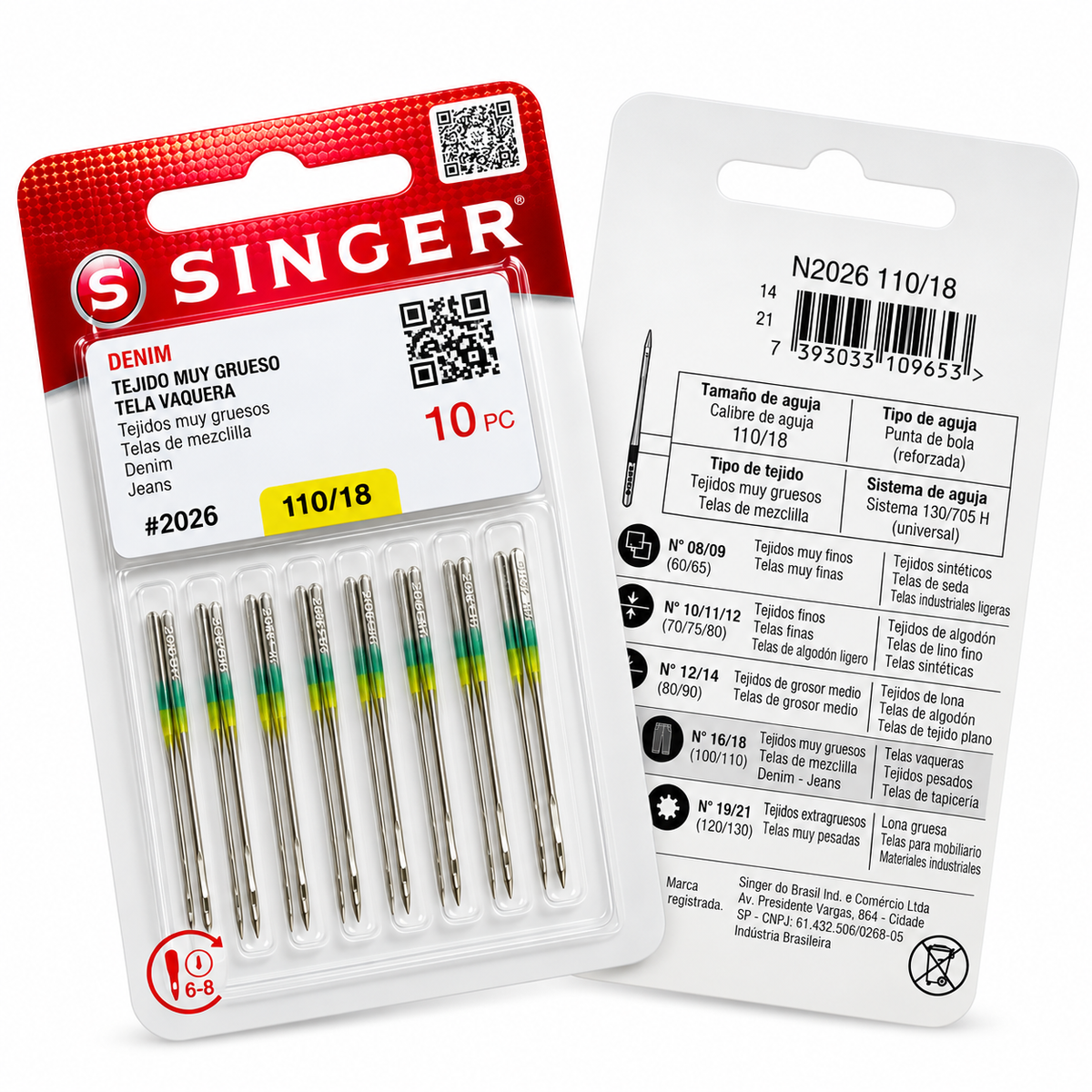 10 agujas Singer Denim 2026 calibre 110/18 para mezclilla gruesa y lona; frente y reverso