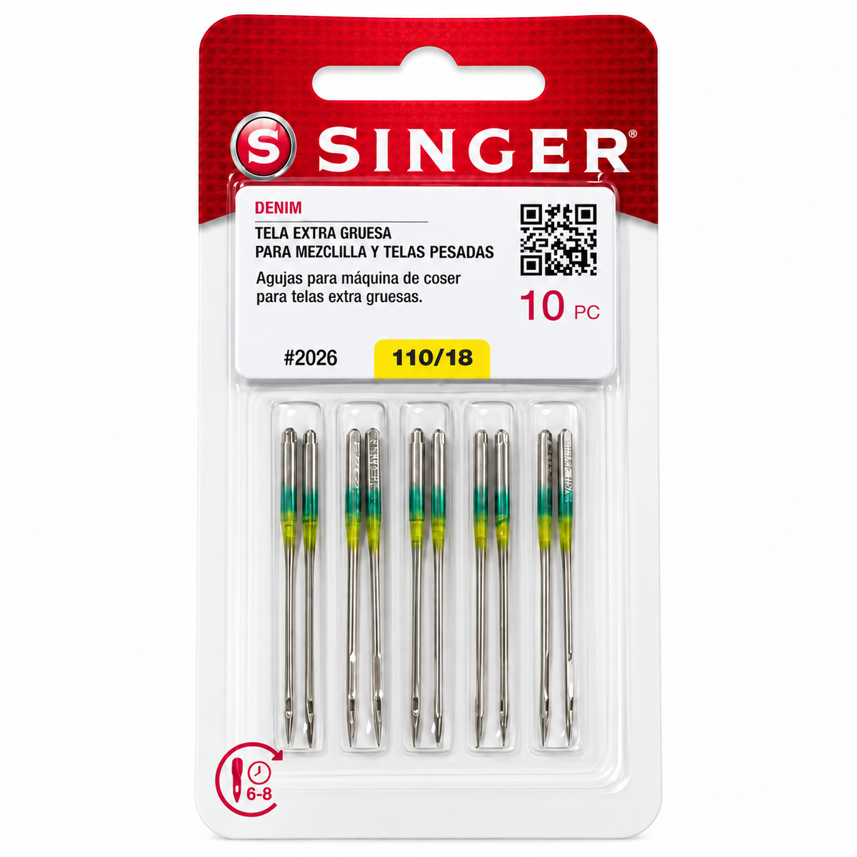 10 agujas Singer Denim 2026 calibre 110/18 para mezclilla gruesa y lona; vista frontal