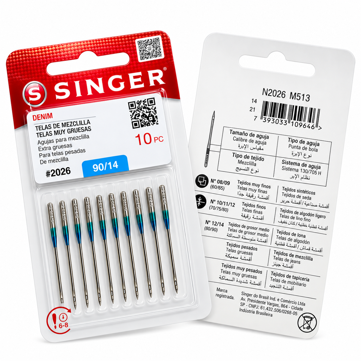 10 agujas Singer Denim 2026 calibre 90/14 para mezclilla media; frente y reverso