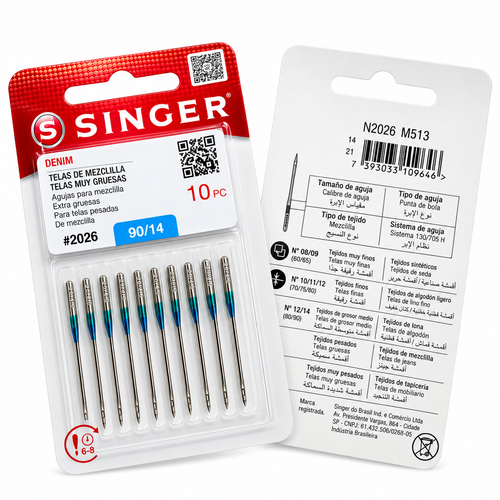 10 agujas Singer Denim 2026 calibre 90/14 para mezclilla media; frente y reverso