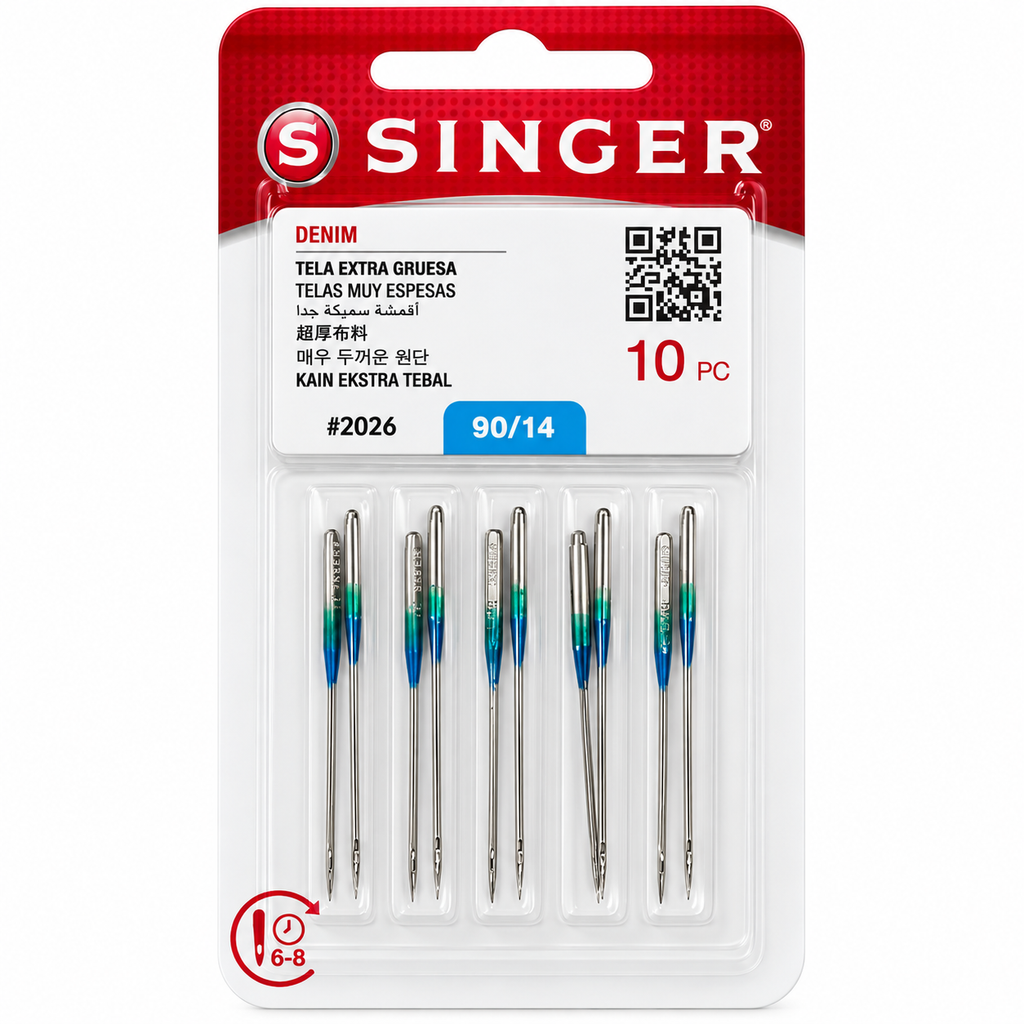 10 agujas Singer Denim 2026 calibre 90/14 para mezclilla media; vista frontal