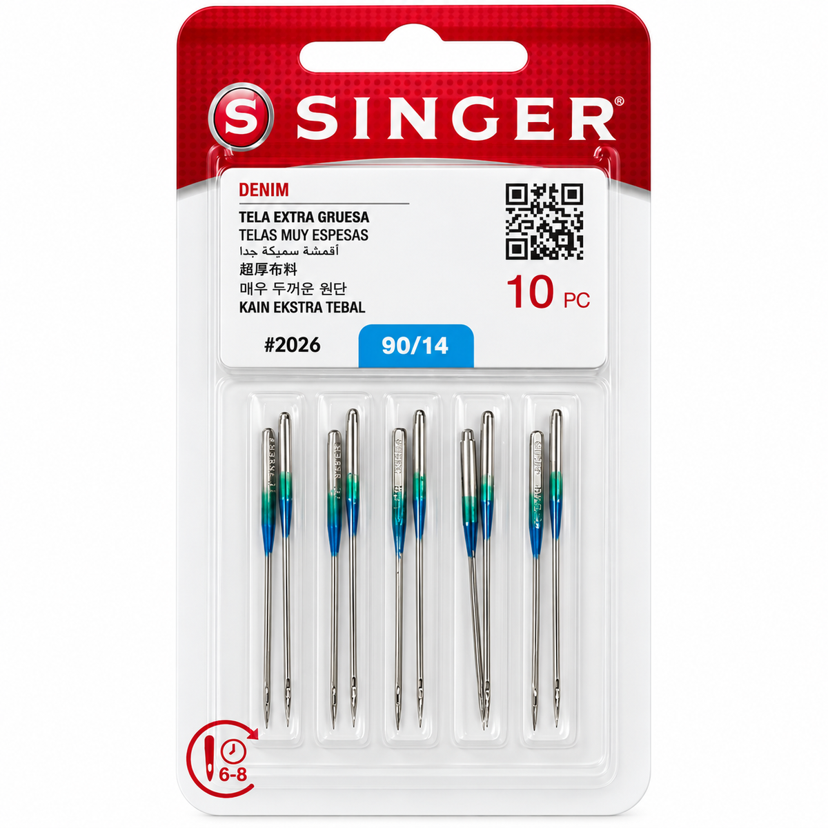 10 agujas Singer Denim 2026 calibre 90/14 para mezclilla media; vista frontal