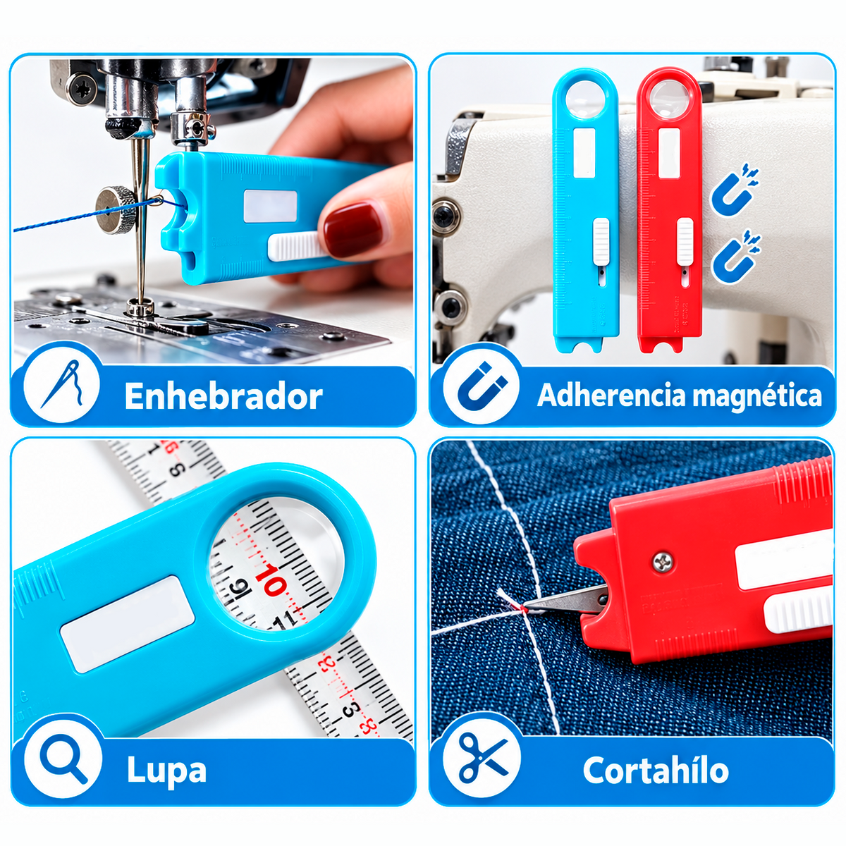 Enhebrador de agujas para máquina de coser con lupa, cortahilo e imán