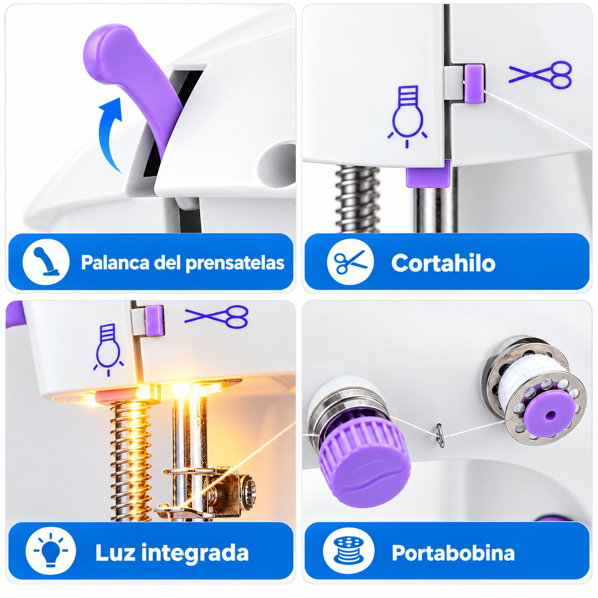 Detalles de palanca prensatelas, cortahilo, luz integrada y portabobina