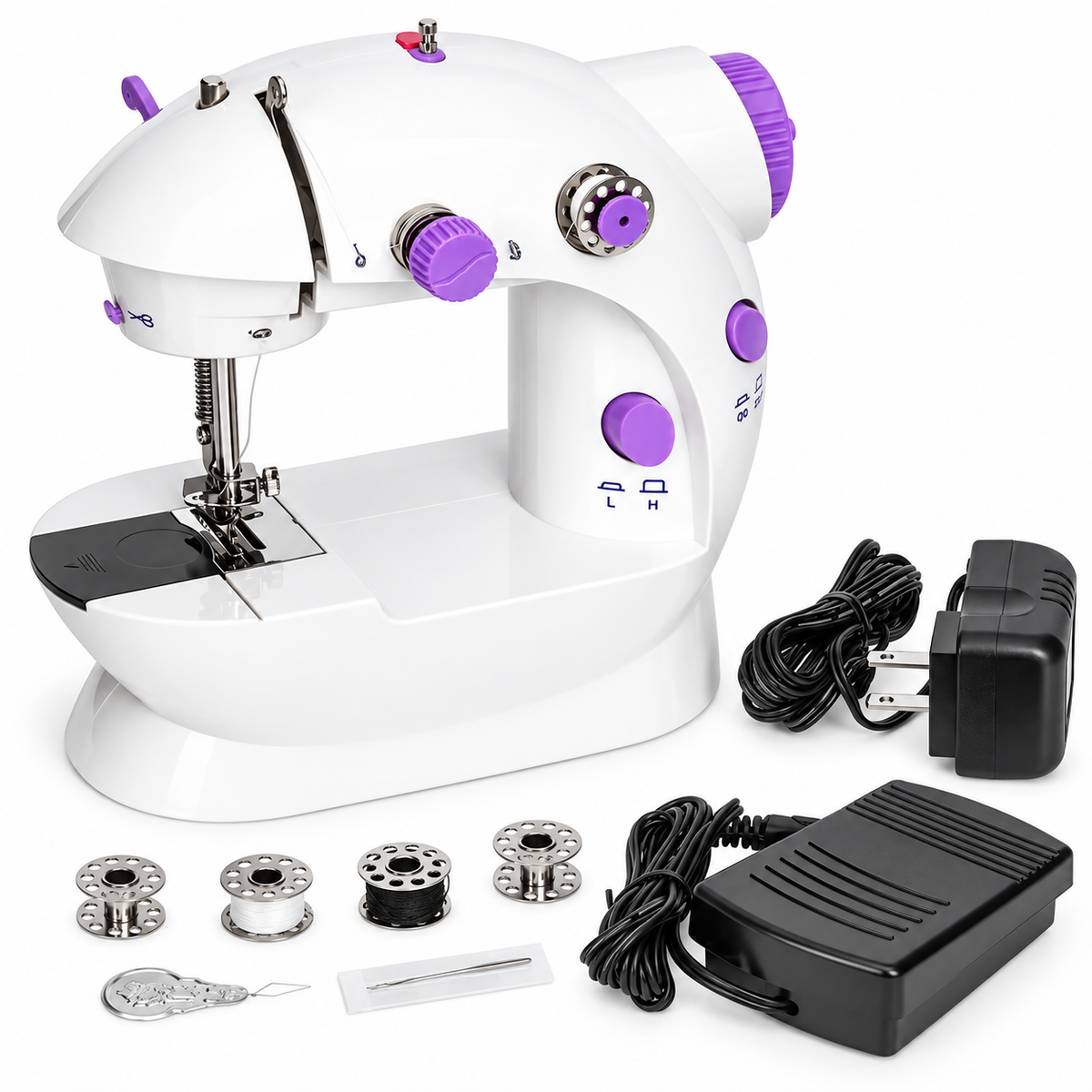 Mini máquina de coser portátil con pedal, adaptador, bobinas y accesorios
