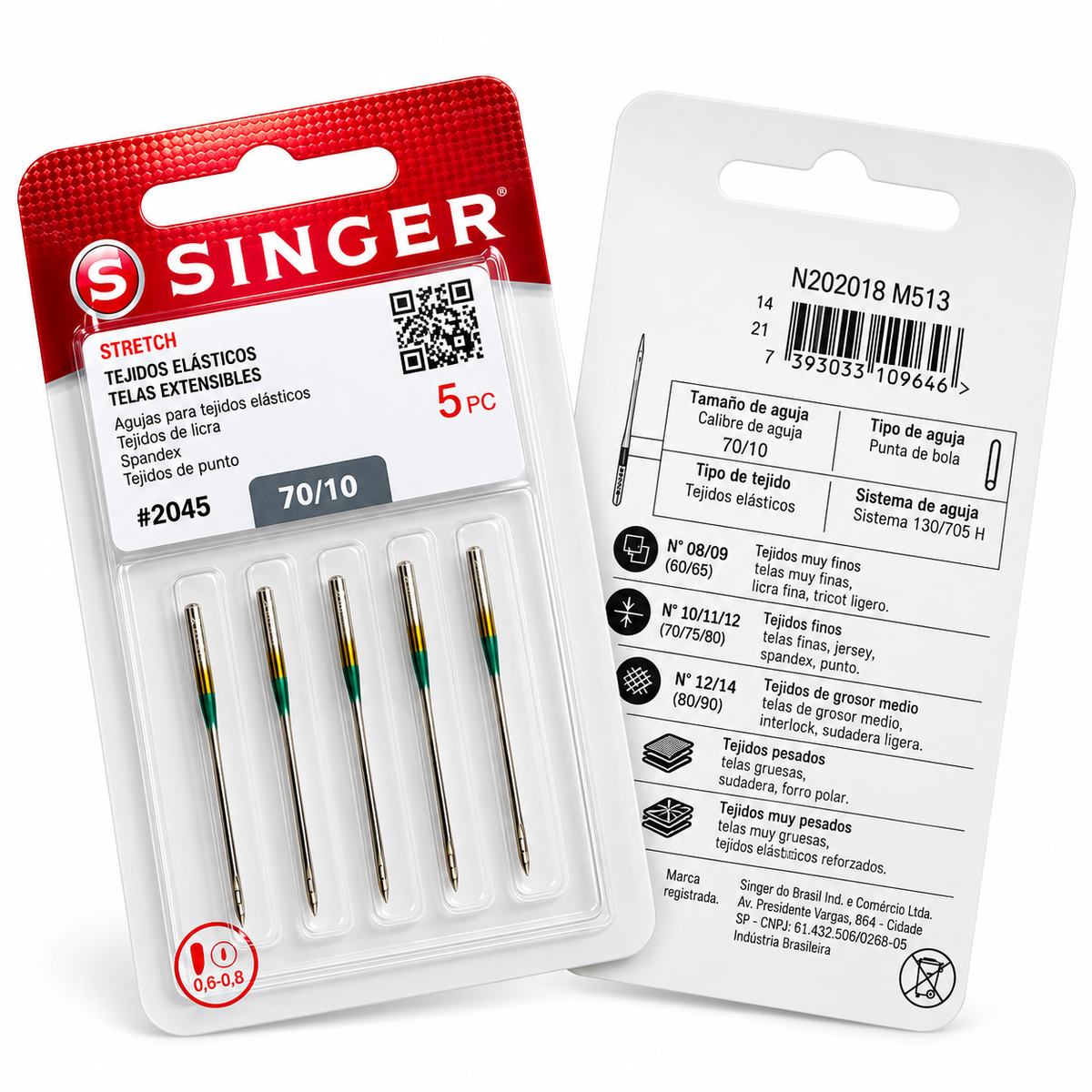 5 agujas Singer Stretch 2045 calibre 70/10 para telas elásticas ligeras; frente y reverso