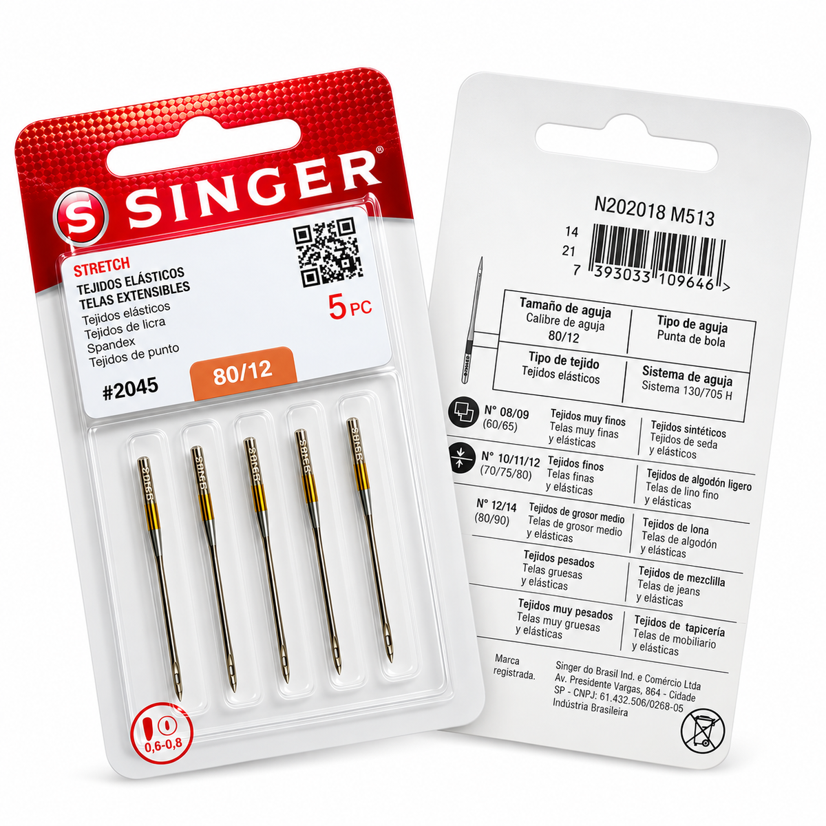 5 agujas Singer Stretch 2045 calibre 80/12 para telas elásticas ligeras a medias; frente y reverso