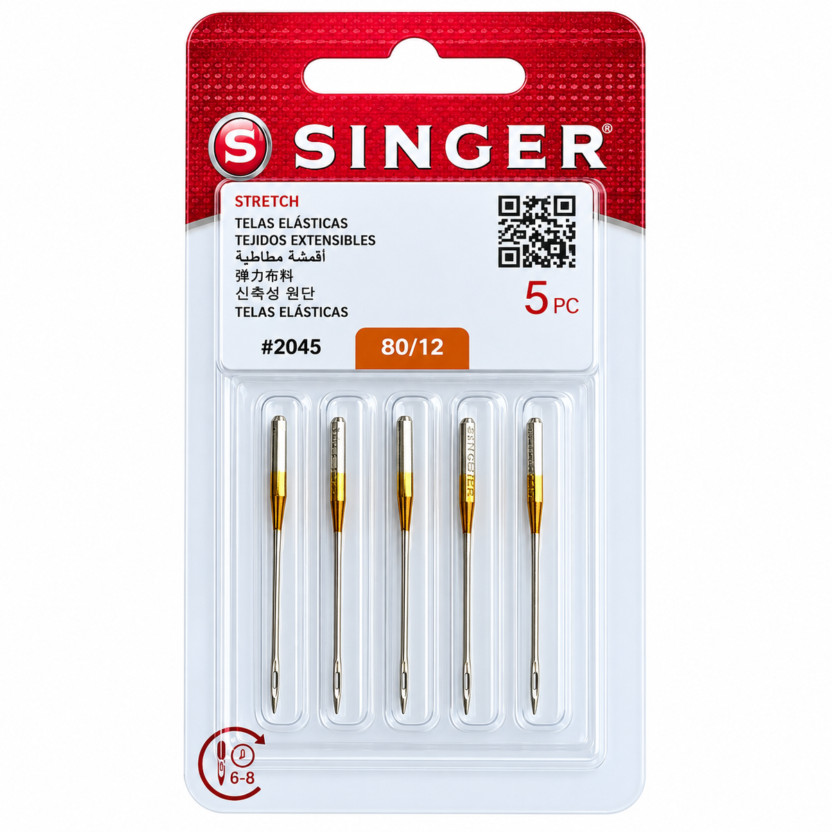 5 agujas Singer Stretch 2045 calibre 80/12 para telas elásticas ligeras a medias; vista frontal