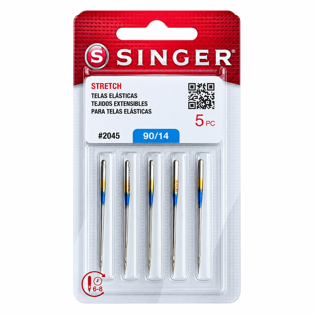5 agujas Singer Stretch 2045 calibre 90/14 para telas elásticas medias; vista frontal