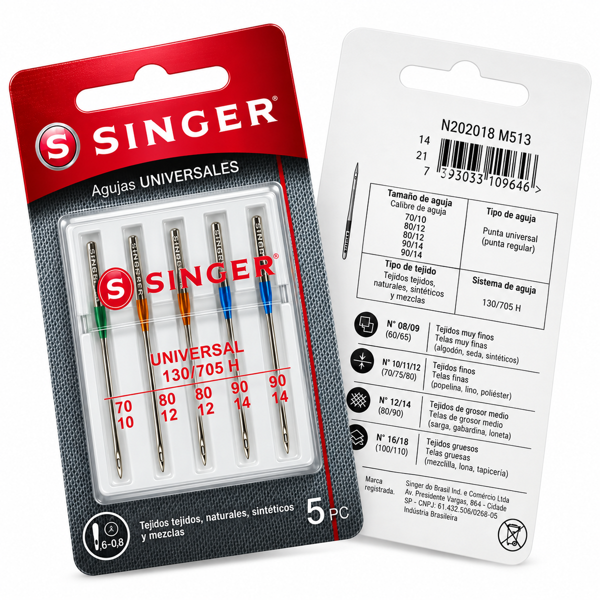 5 agujas Singer Universal 2020 surtidas, calibres 70/10 a 90/14; frente y reverso