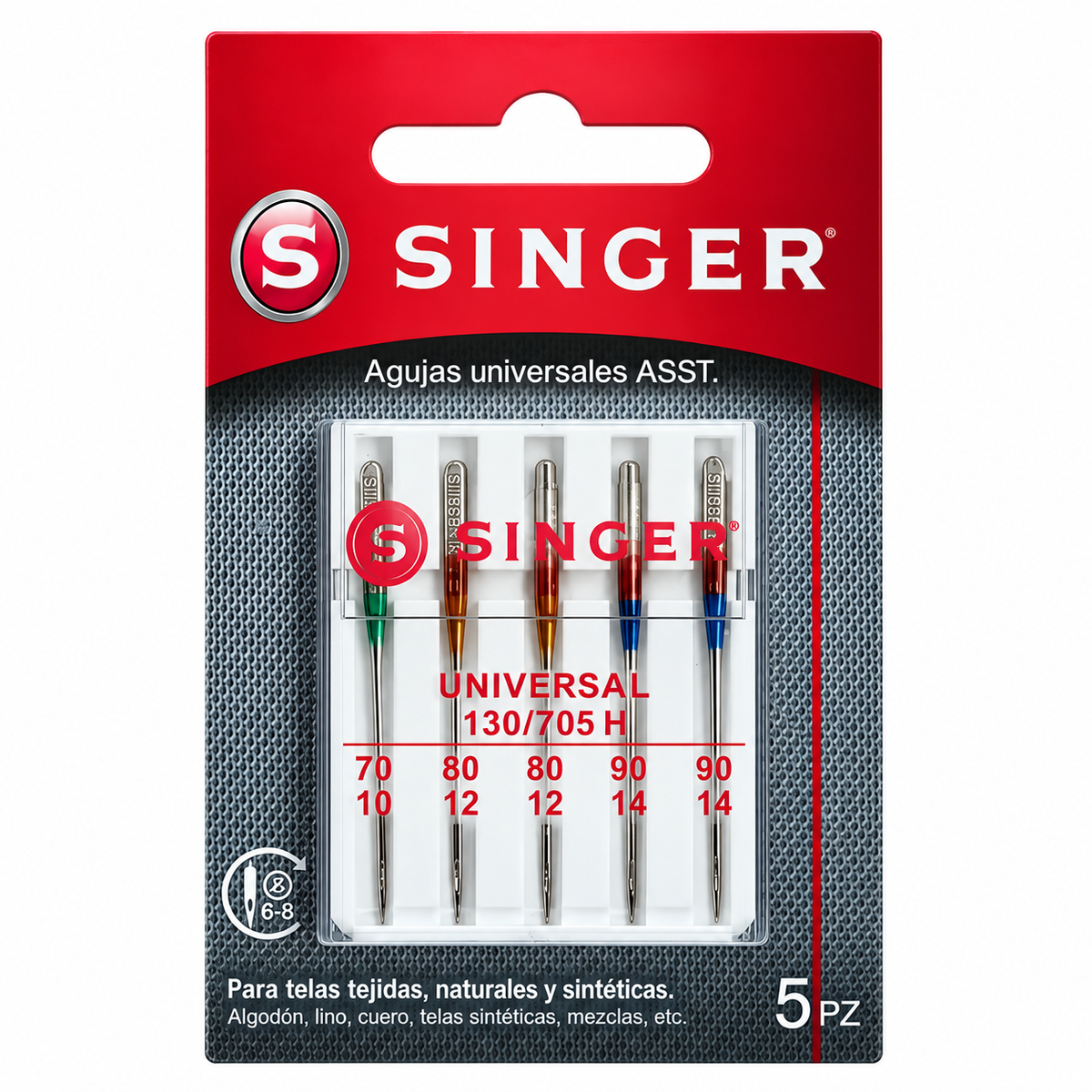 5 agujas Singer Universal 2020 surtidas, calibres 70/10 a 90/14; vista frontal